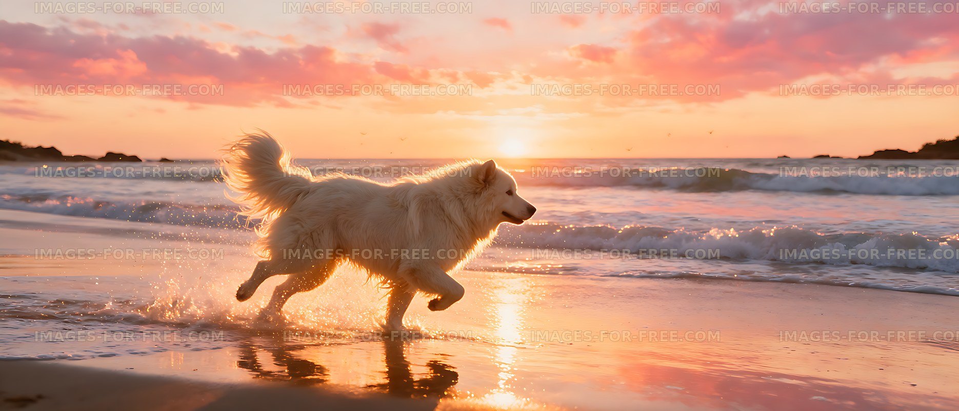 White fluffy dog sprinting along the shoreline at sunset