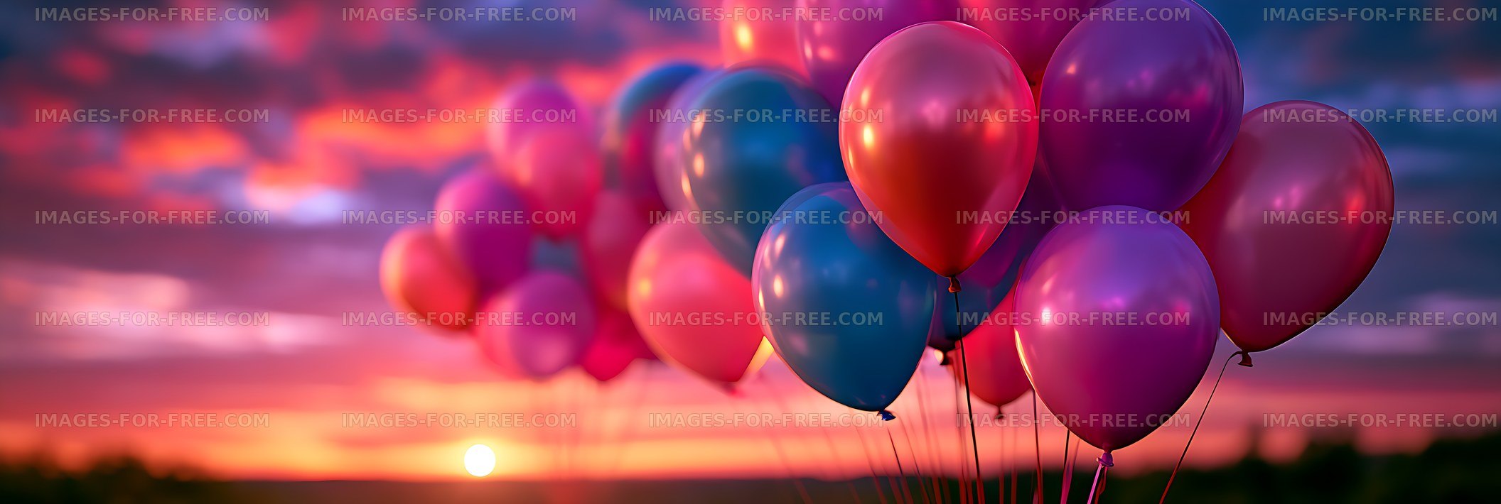 Vibrant balloon cluster at sunset