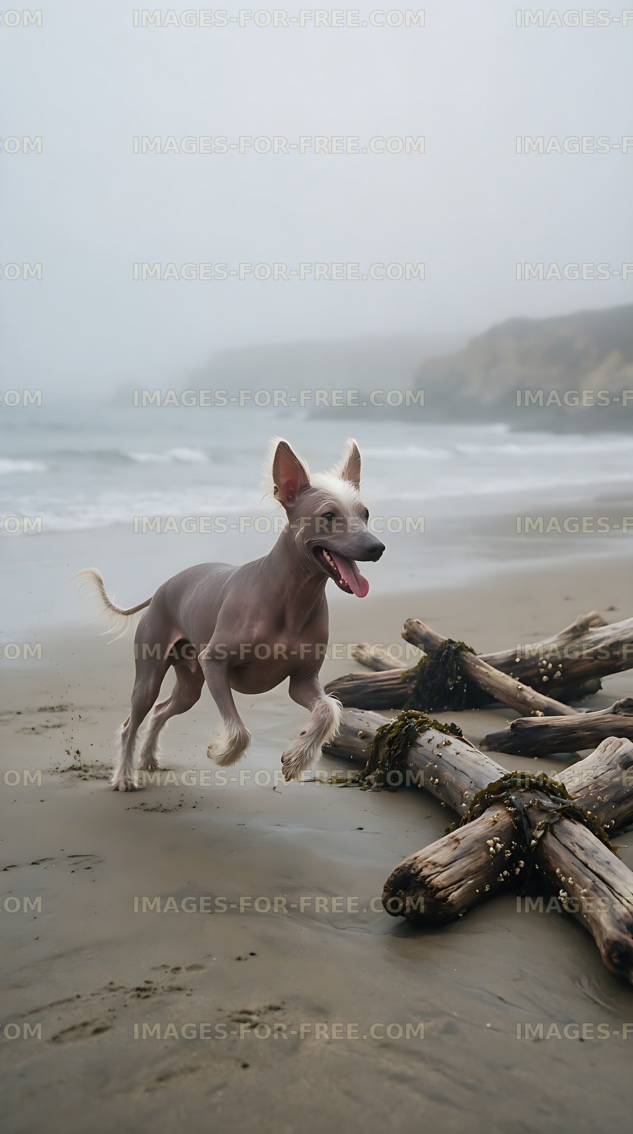 Hairless dog running on wet sand by the ocean
