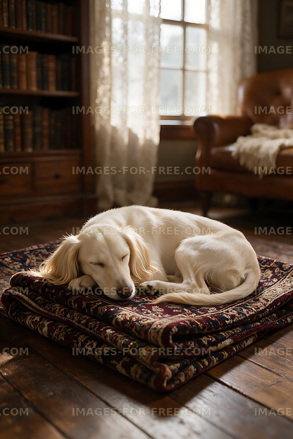 Long-haired puppy sleeping on a cushion in warm window light