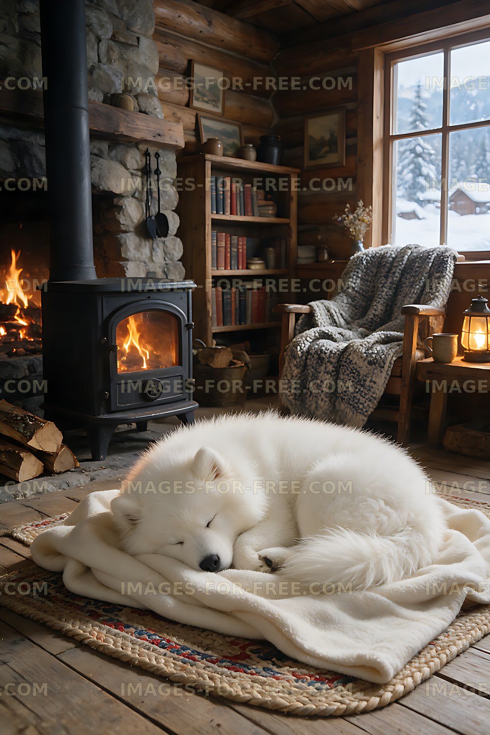 Sleeping white puppy in a cozy rustic cabin