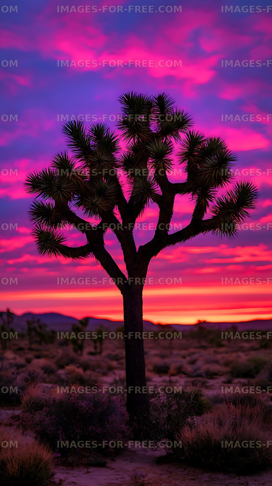Joshua tree in a colorful desert sunset