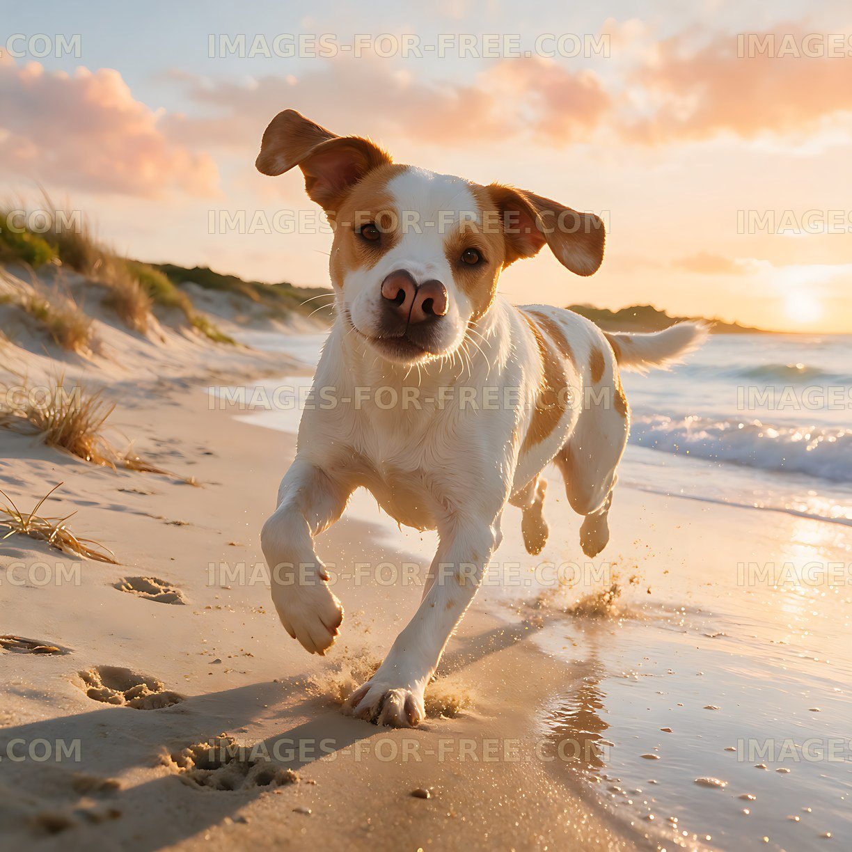 Energetic Dog Running Through Shallow Beach Water