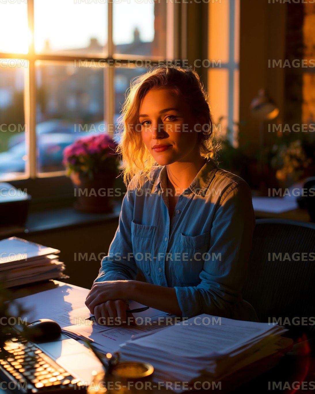 Woman sitting at desk in warm light during sunset at home