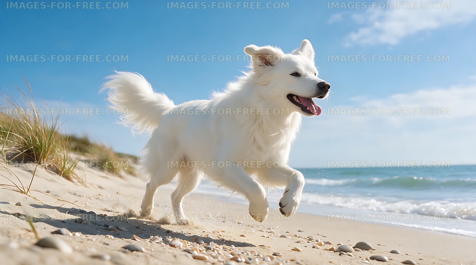 Fluffy white dog running beside the sea