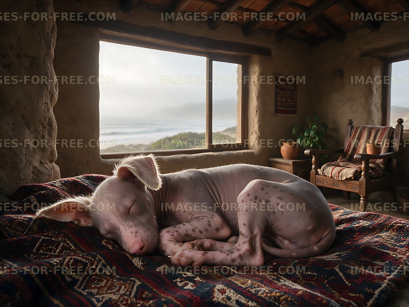 Hairless spotted puppy asleep in a rustic room