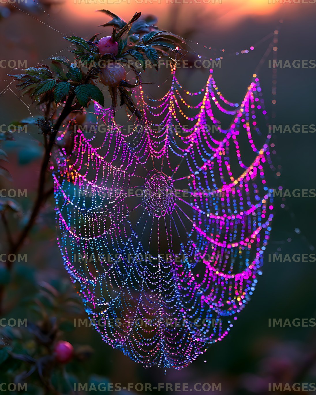 Vibrant dew-covered spider web in colorful light