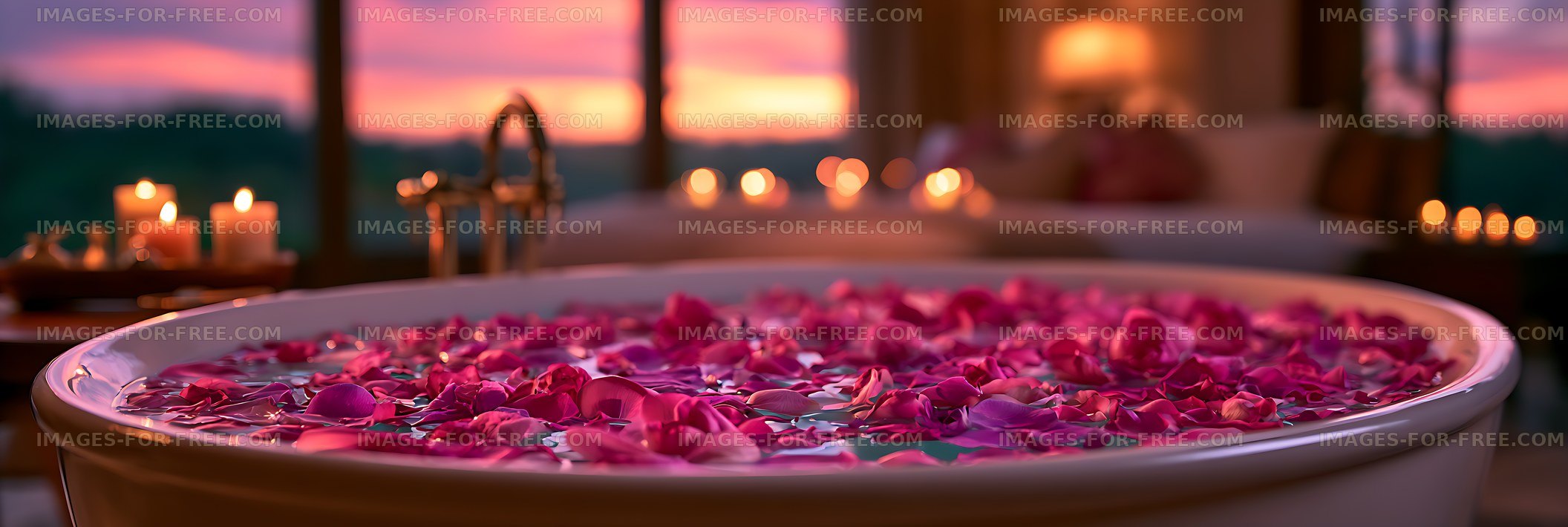 Bathtub filled with rose petals in warm candlelight