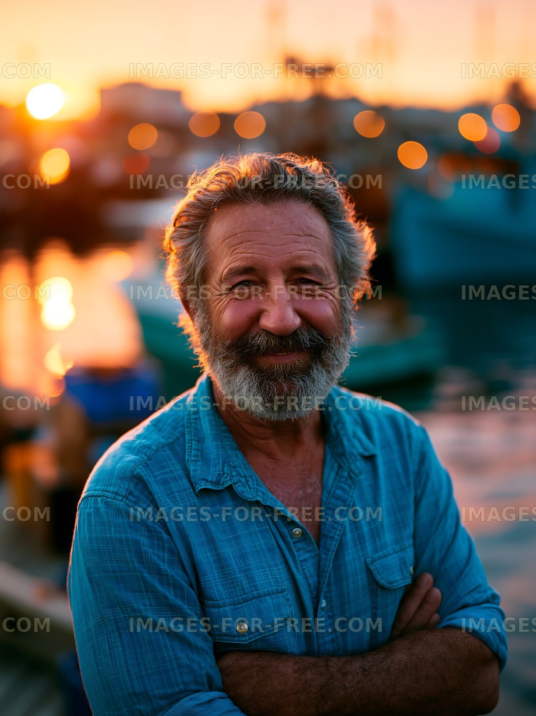 Smiling man standing by the harbor during sunset
