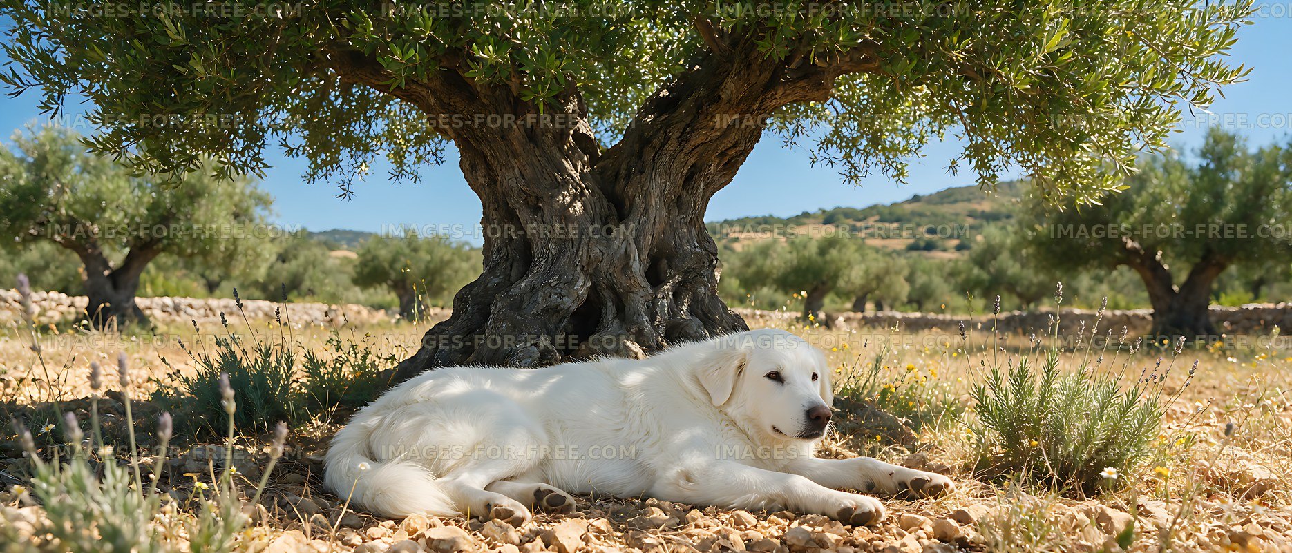 White-coated dog relaxing under a gnarled olive tree