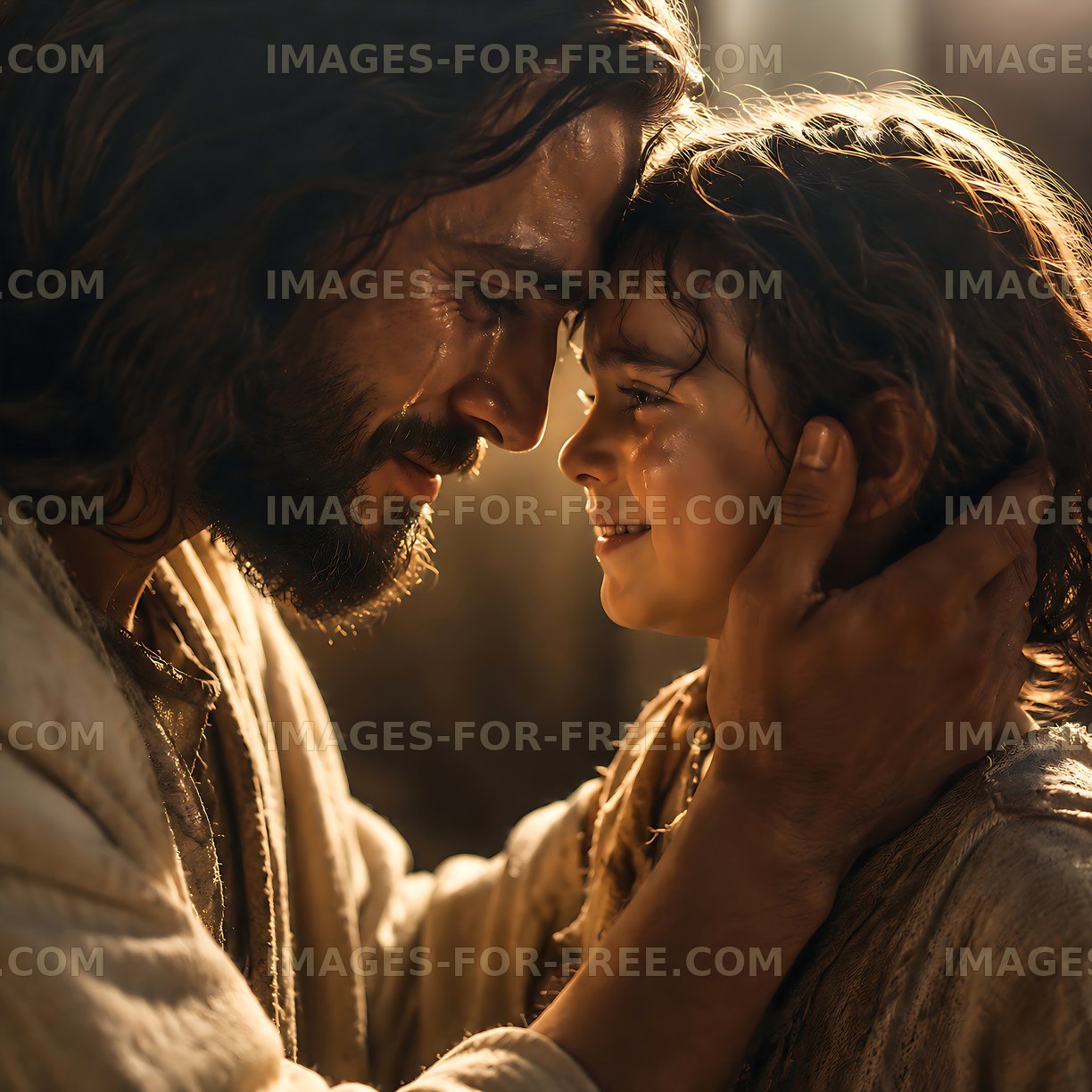Tender moment between a man and a child in a warm setting