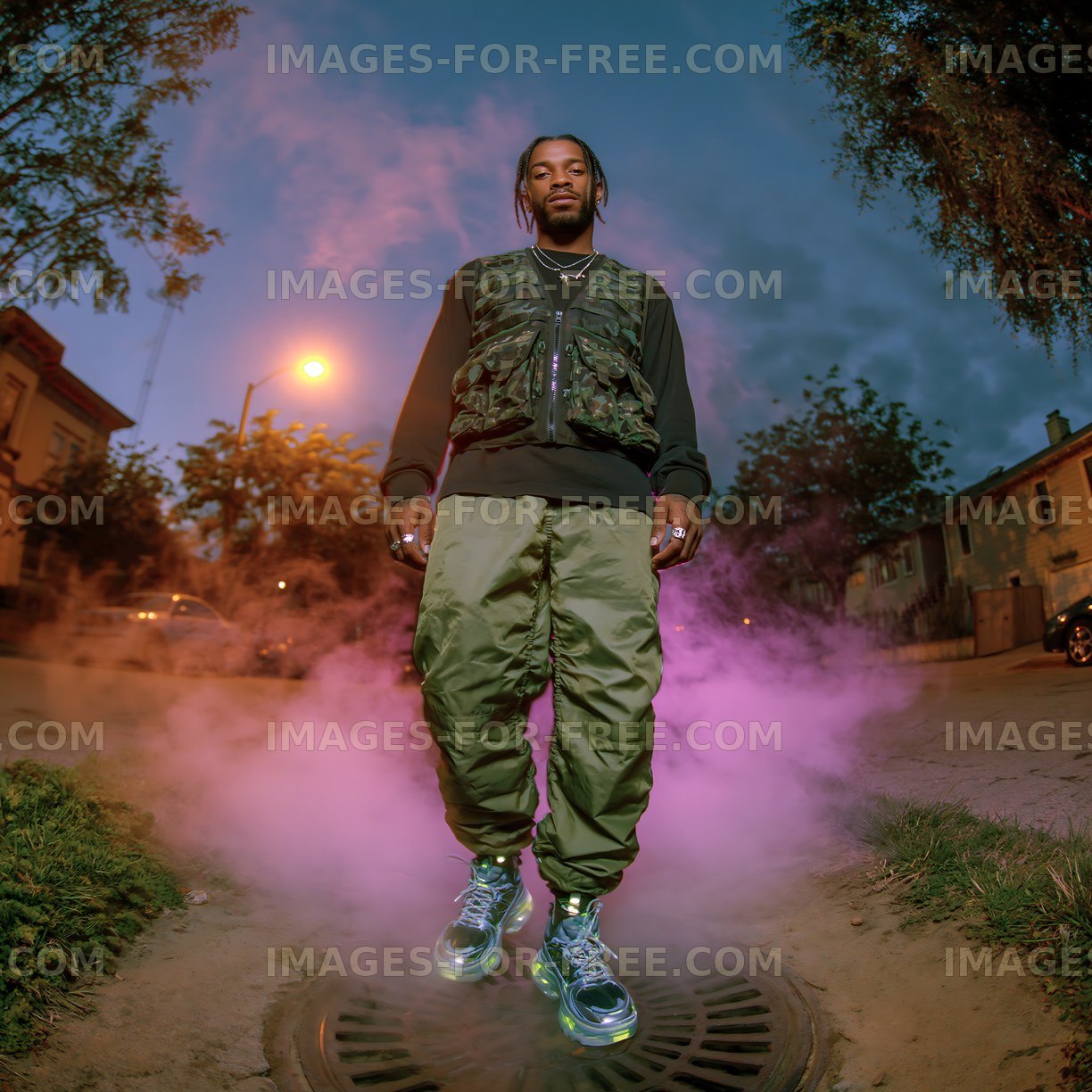 Fashion portrait of a man surrounded by pink smoke