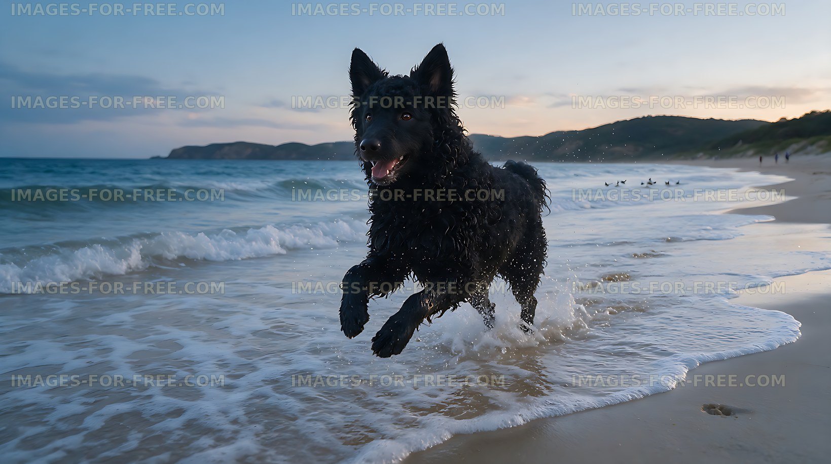 Wet black dog splashing through beach waves