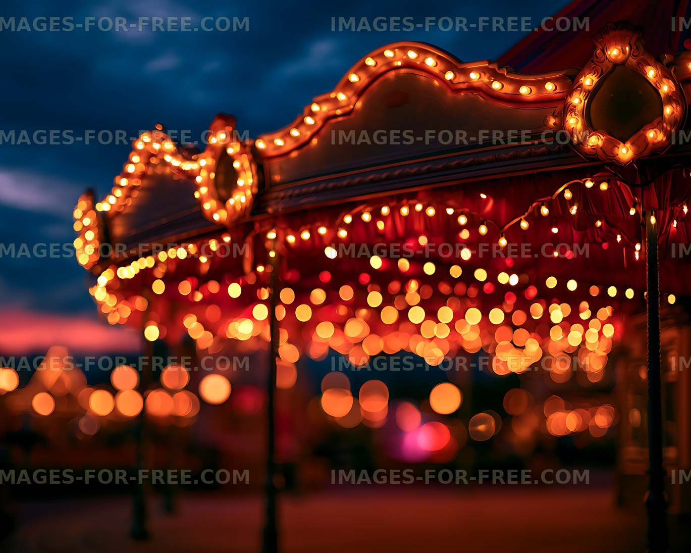 Ornate illuminated carousel canopy with bokeh lights