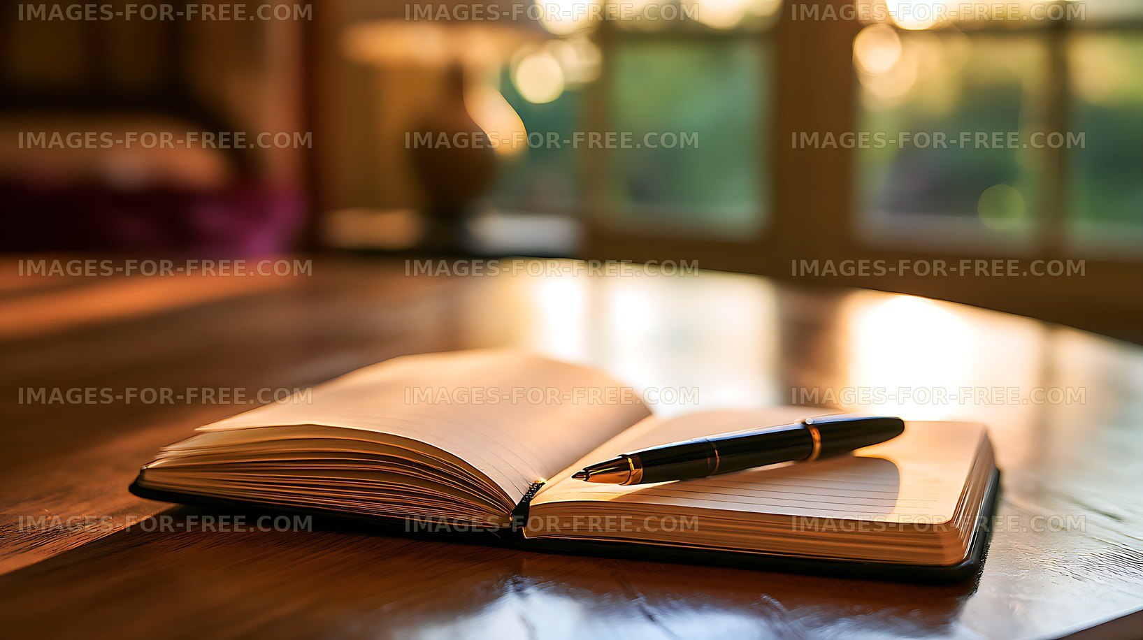 Open lined journal and pen in warm window light