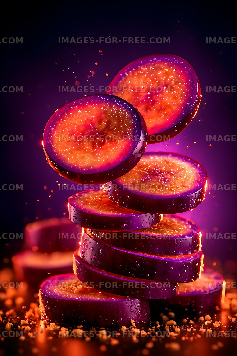 Vibrant stacked purple fruit slices in dramatic lighting