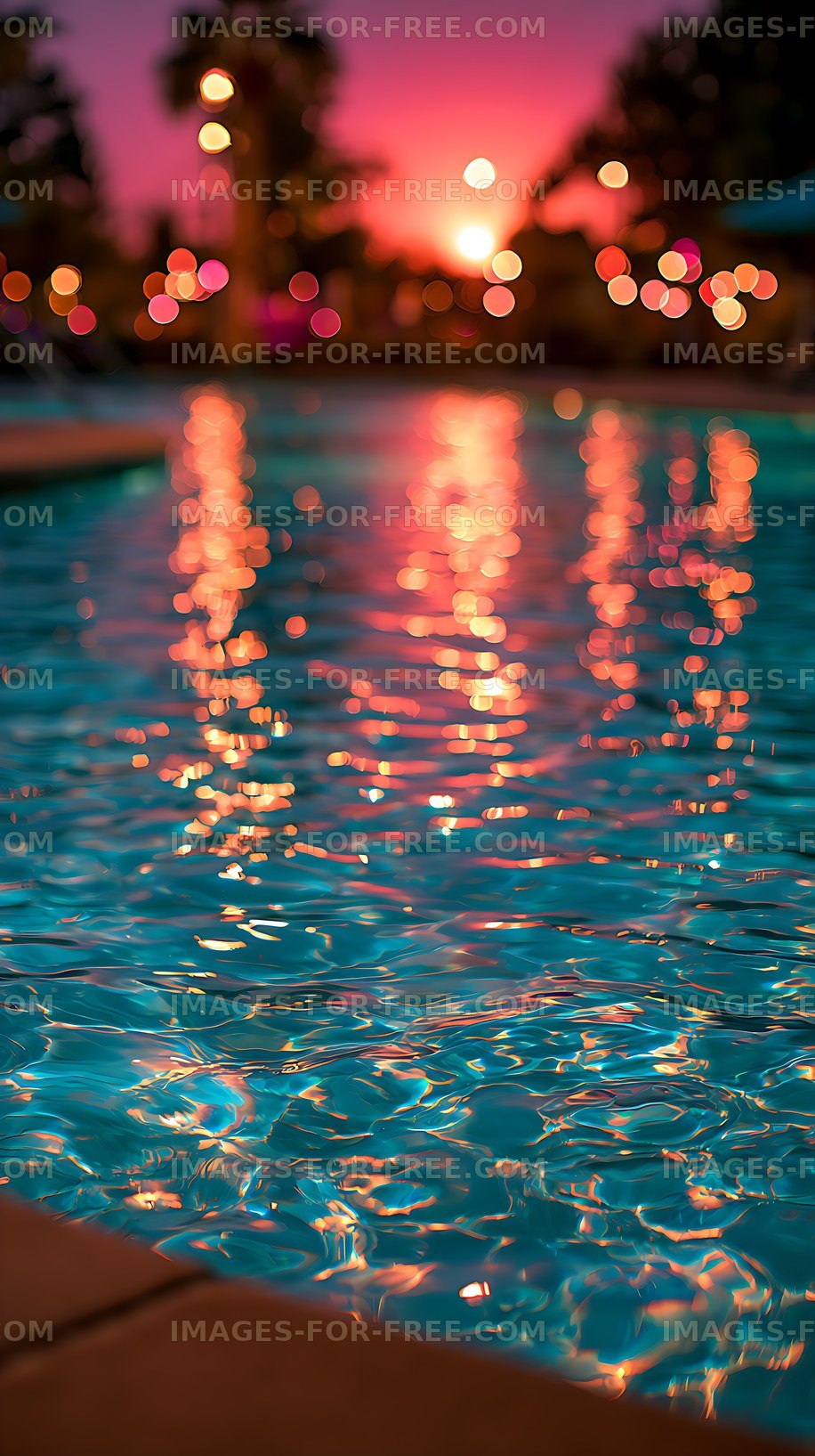Colorful bokeh reflections on rippling water at sunset