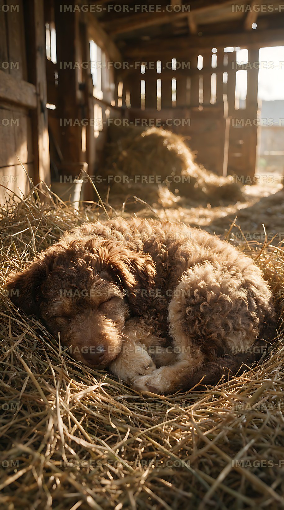 Curly-haired puppies resting on straw in a sunlit barn