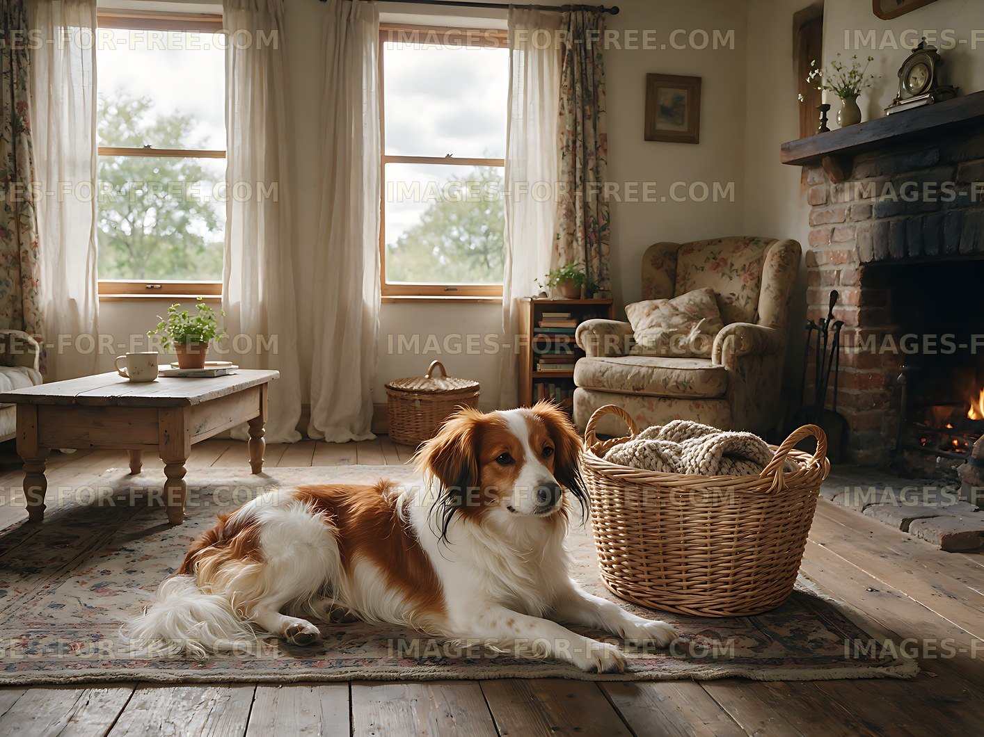 Long-haired dog relaxing beside a fireplace at home