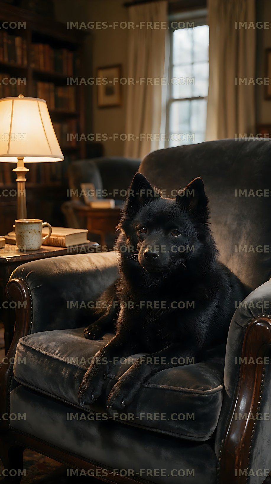 Black dog relaxing in a warmly lit home library