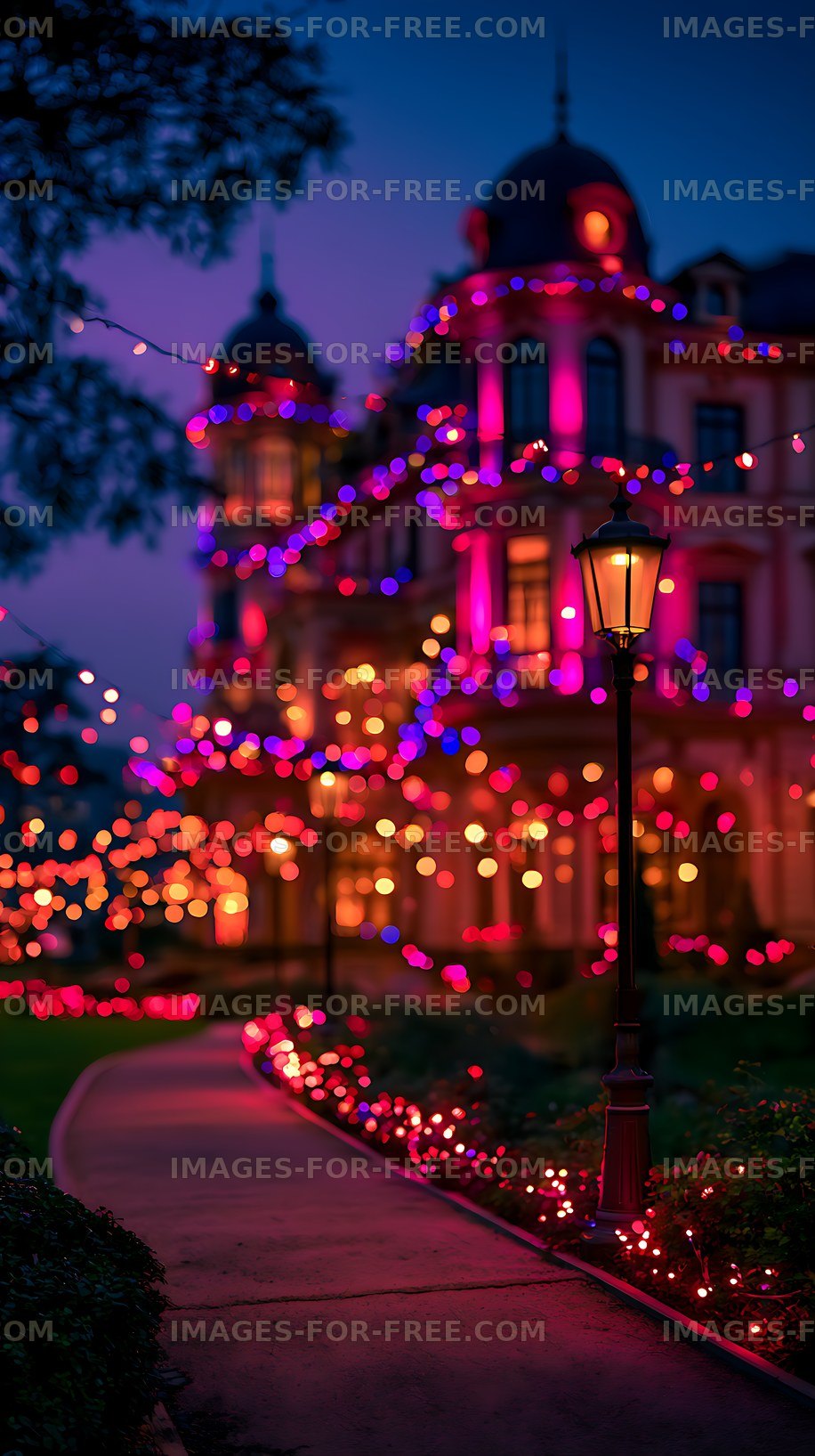Colorful lights and street lamp outside a historic building