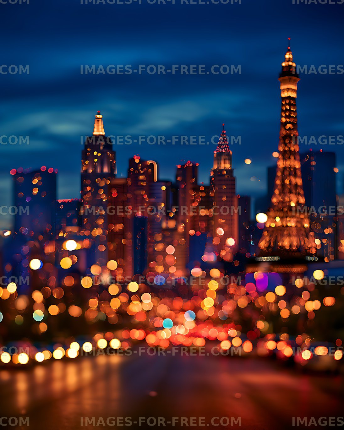 Colorful bokeh city skyline at night