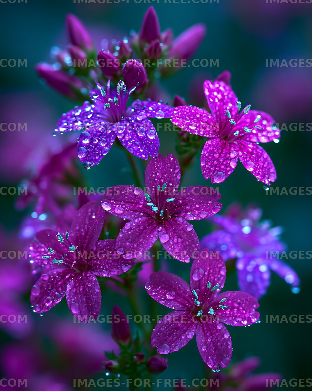Purple flowers with water droplets in outdoor setting