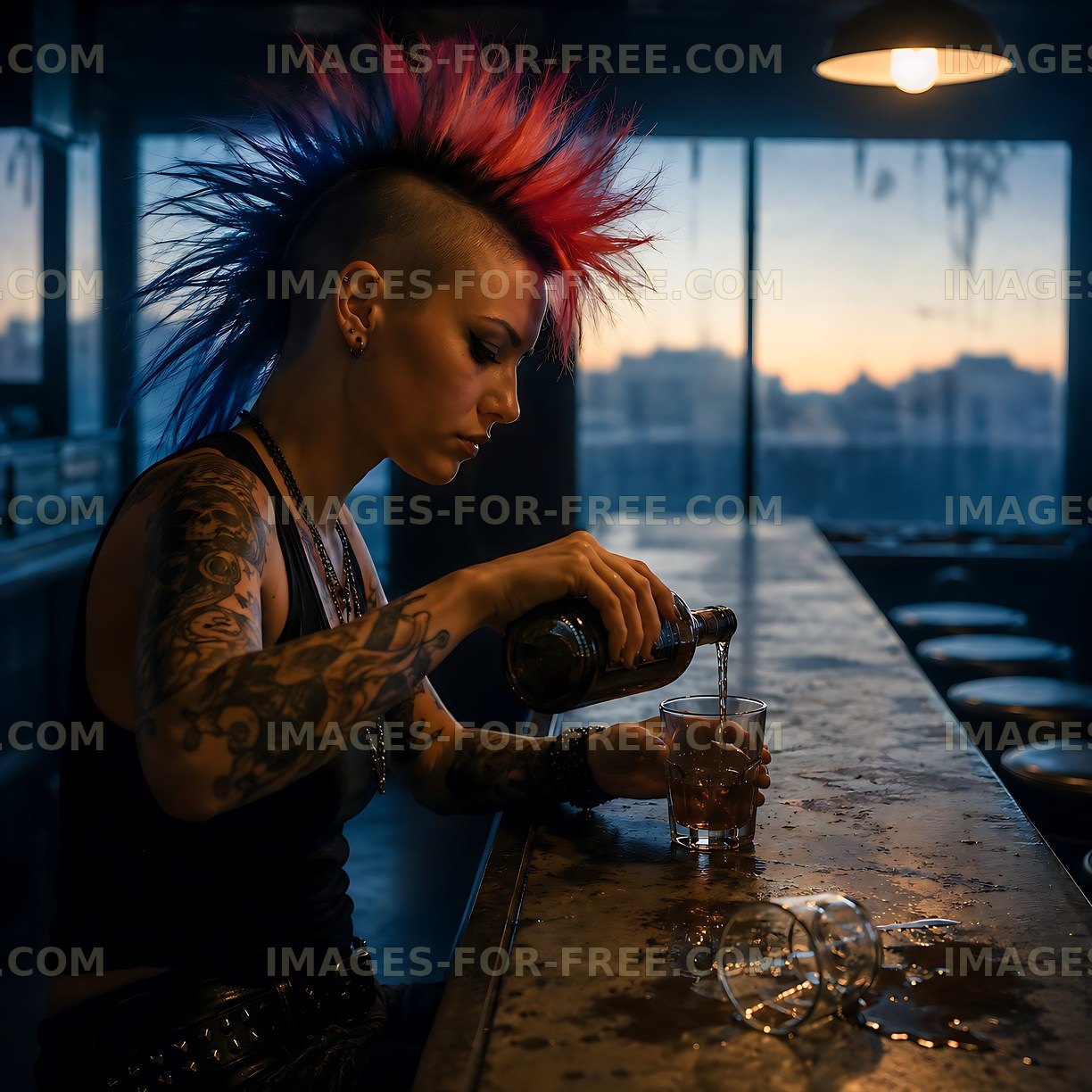 Bar attendant pouring drink at sunset in a trendy lounge