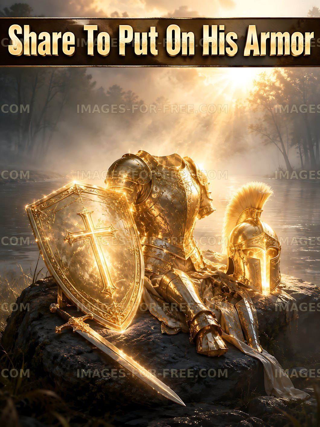 Golden armor set beside a river at sunrise