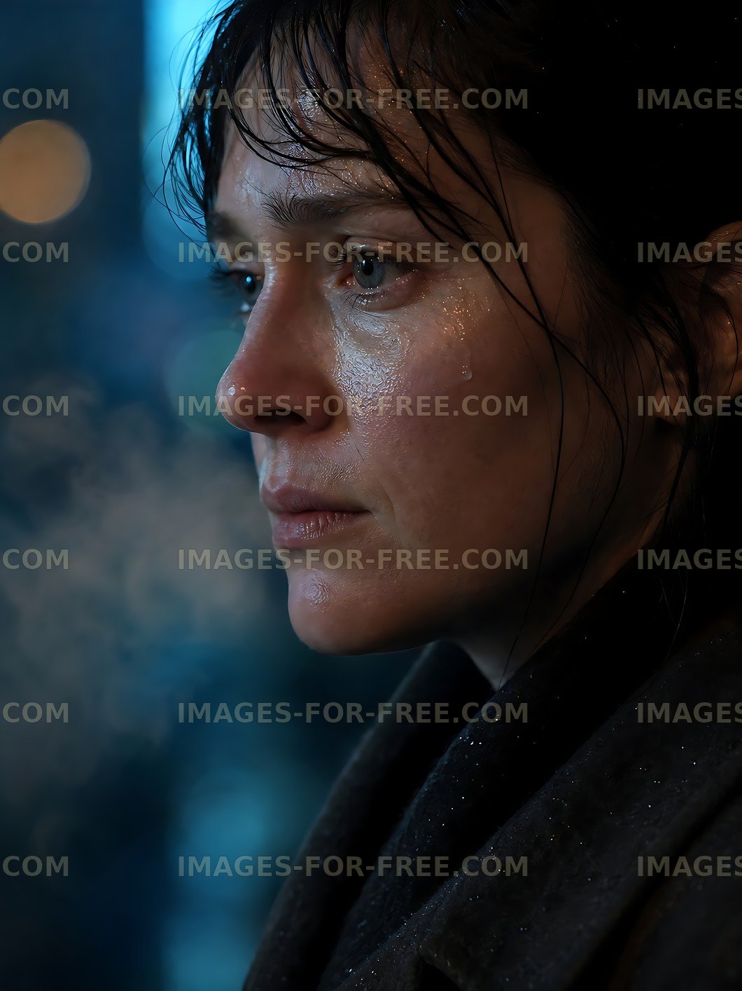 Woman with wet hair and serious expression in urban setting