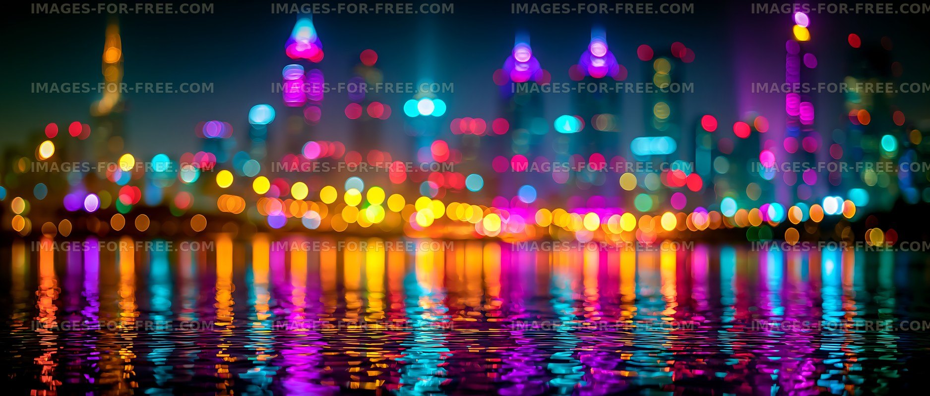 City skyline with colorful lights reflecting on water