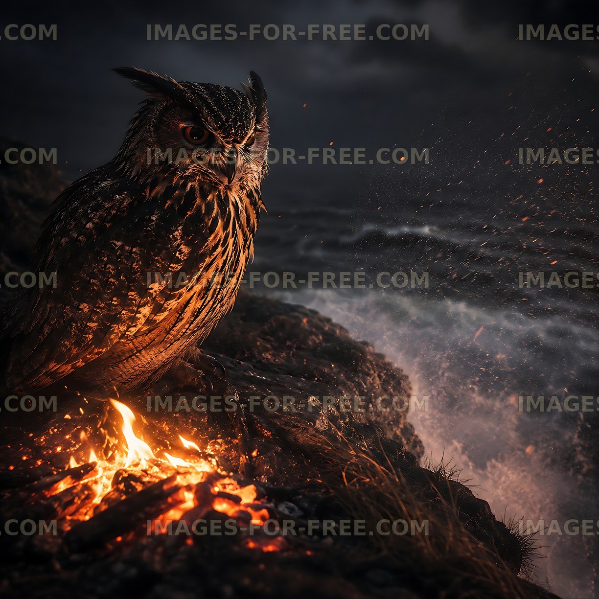 Owl perched by the ocean with waves crashing at twilight