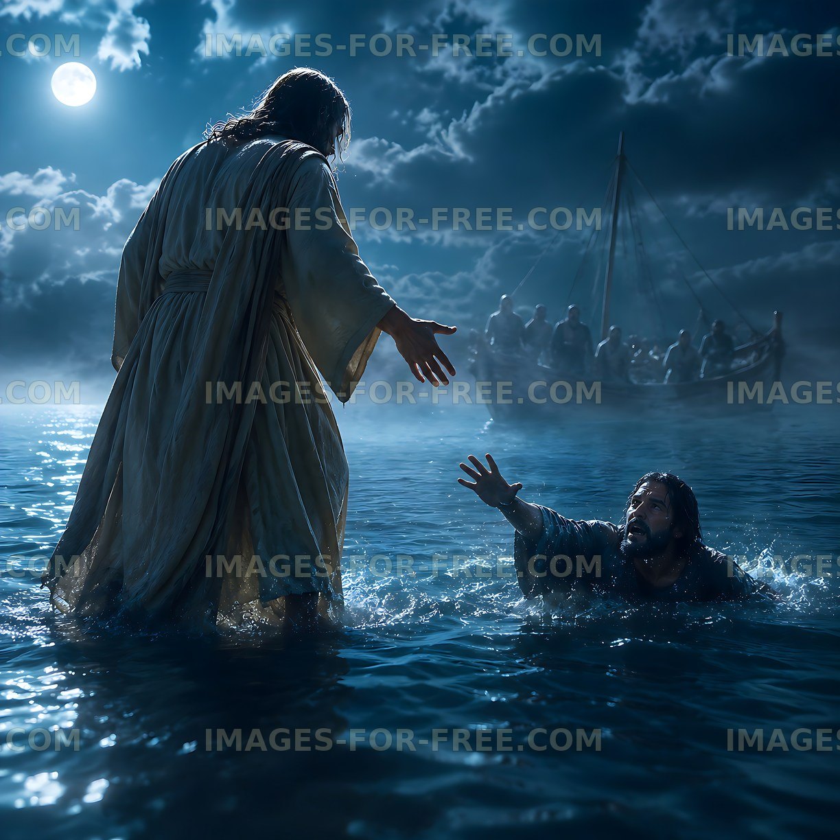 Person reaching out to figure in water under moonlight