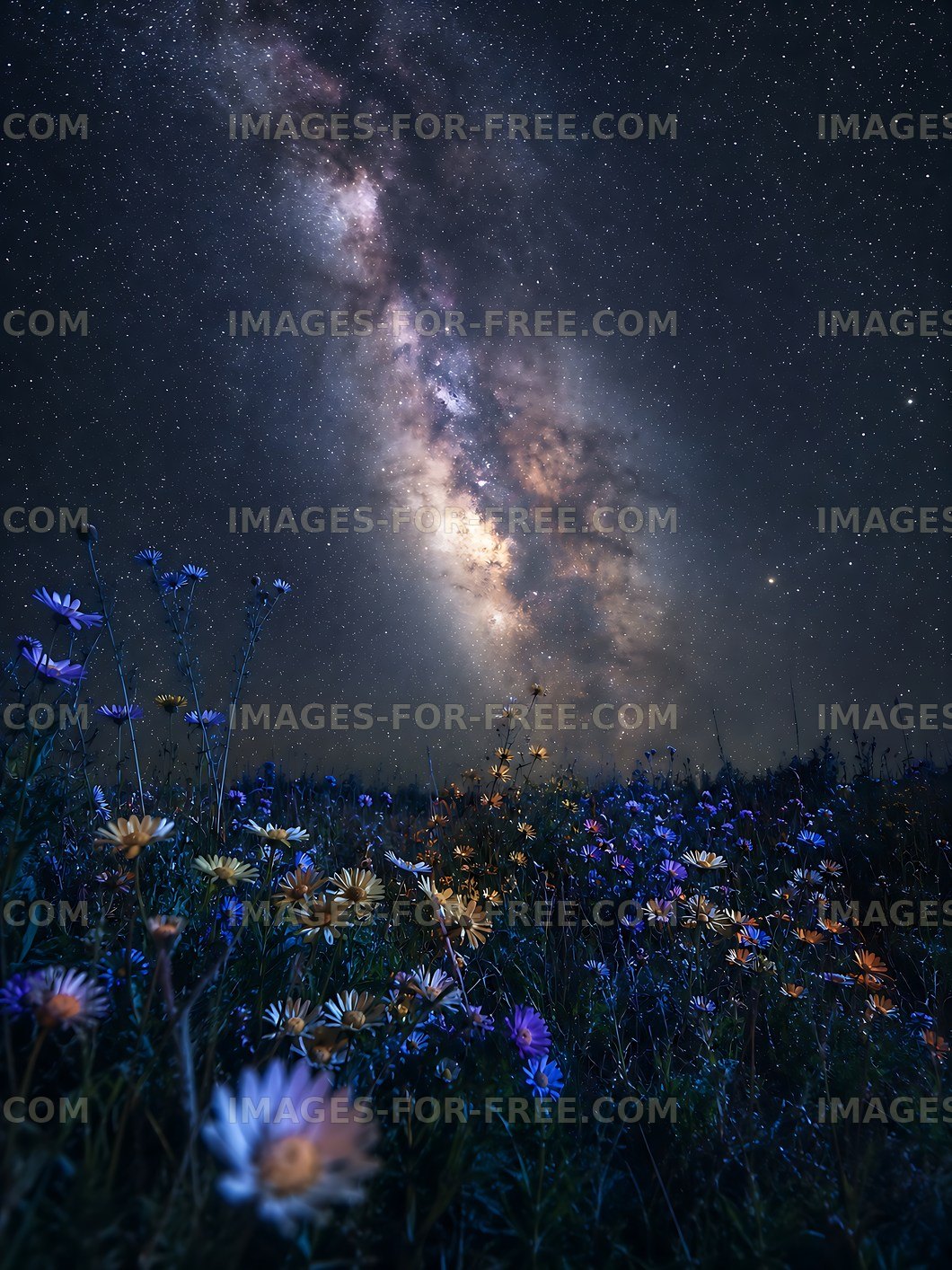 Stars above a field of wildflowers at night