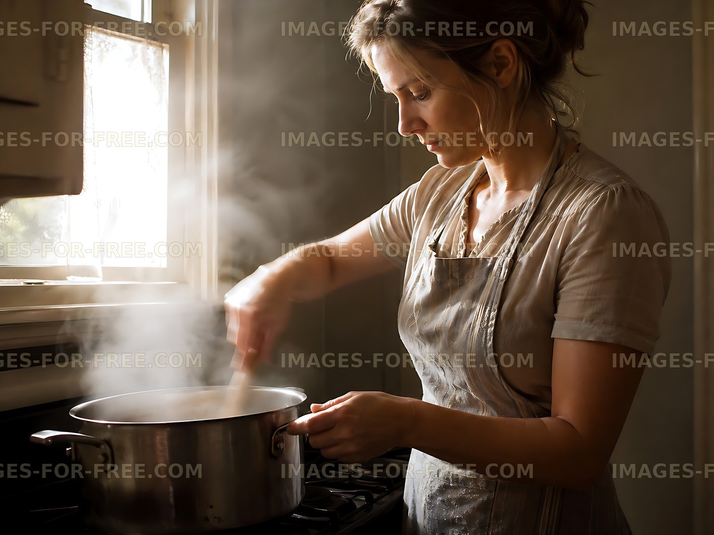 Woman cooking in kitchen with steam rising from pot
