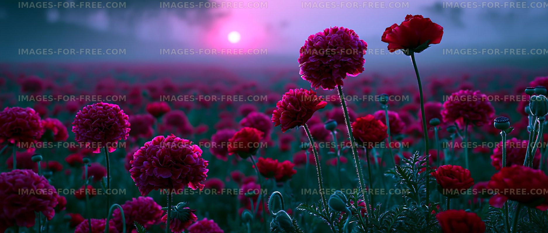 Purple flowers bloom during sunset near a field