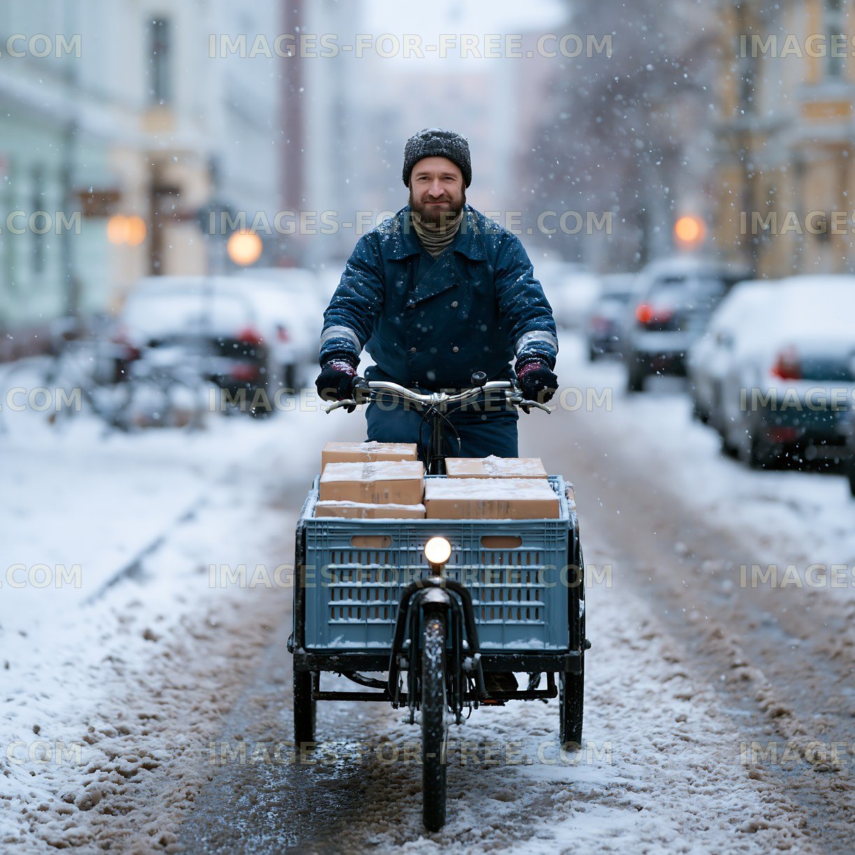 Delivery person riding a cargo bike in snowy city street