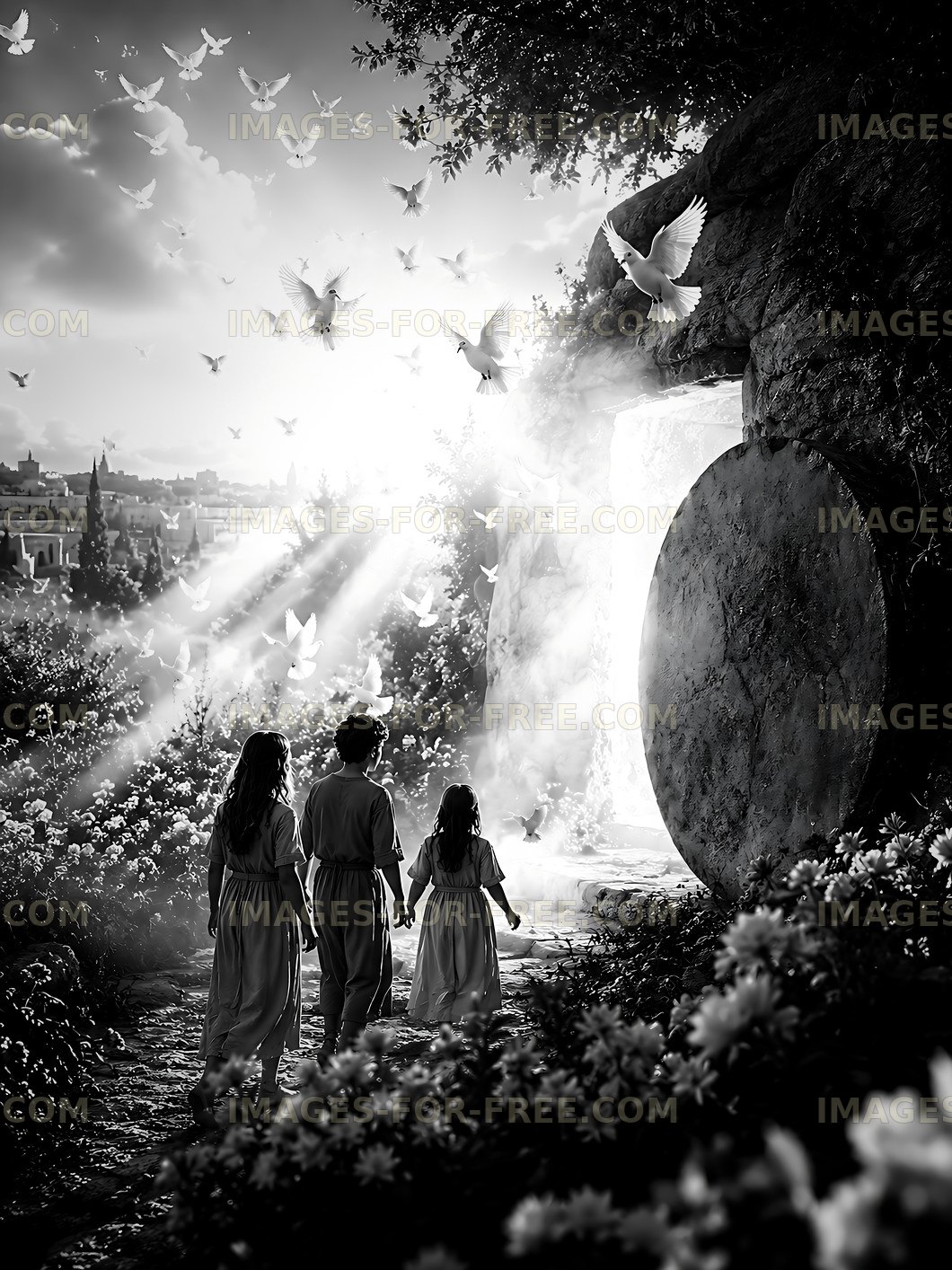 Children walking towards a light-filled entrance surrounded by doves