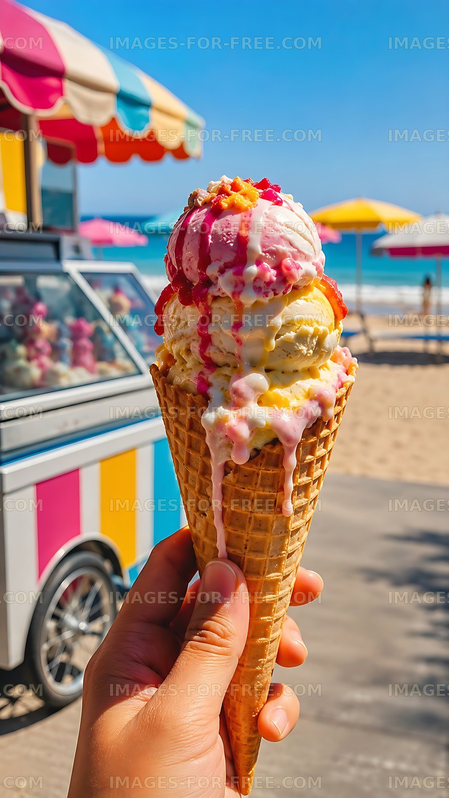 Colorful ice cream cone by the beach on a sunny day