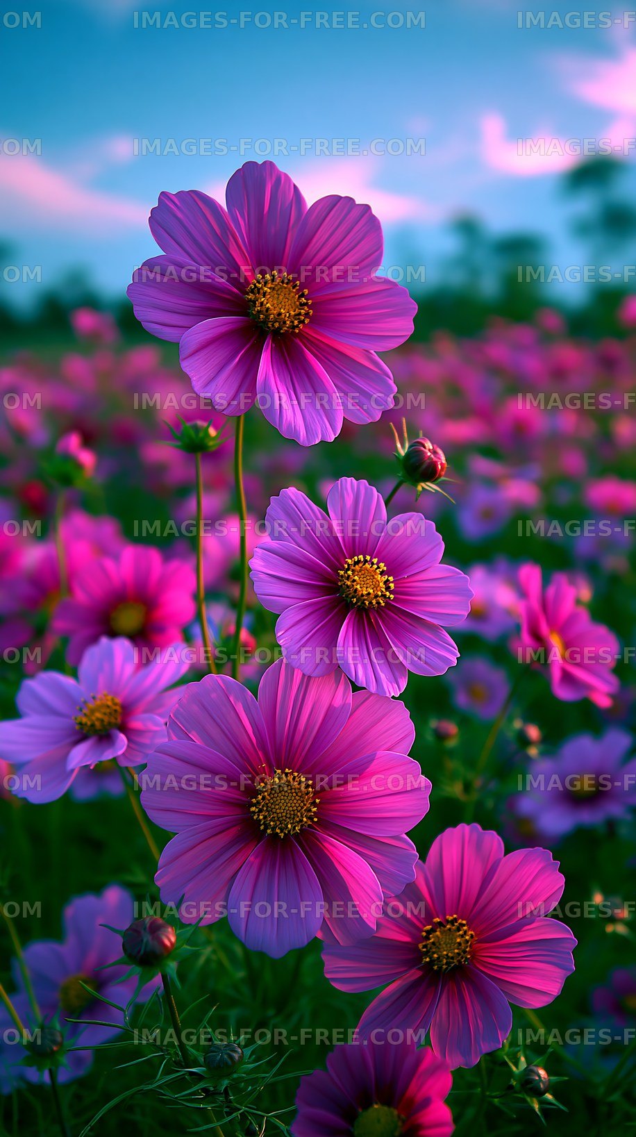 Vibrant pink flowers in a field at sunset