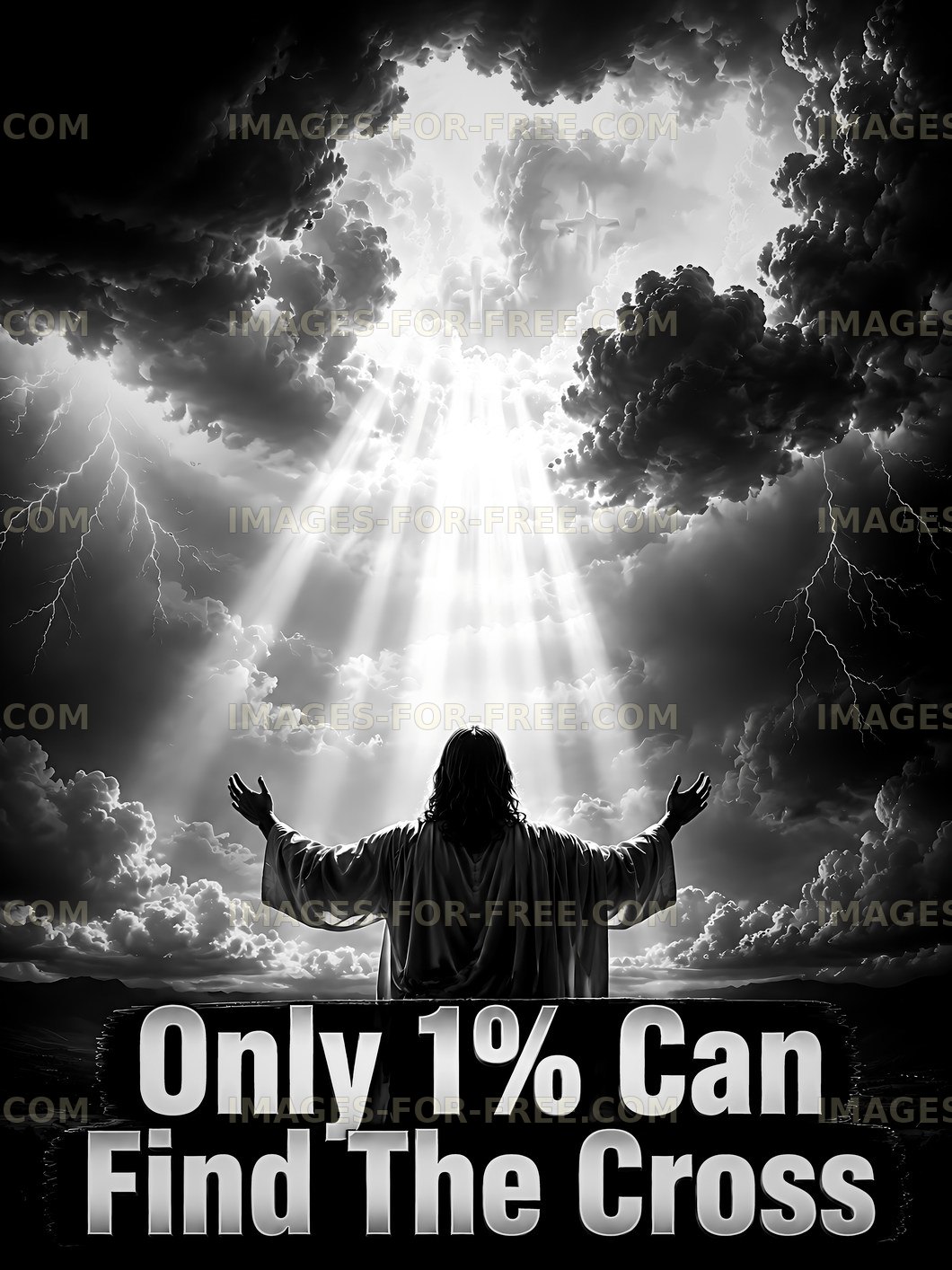 Light breaks through clouds above figure with arms raised