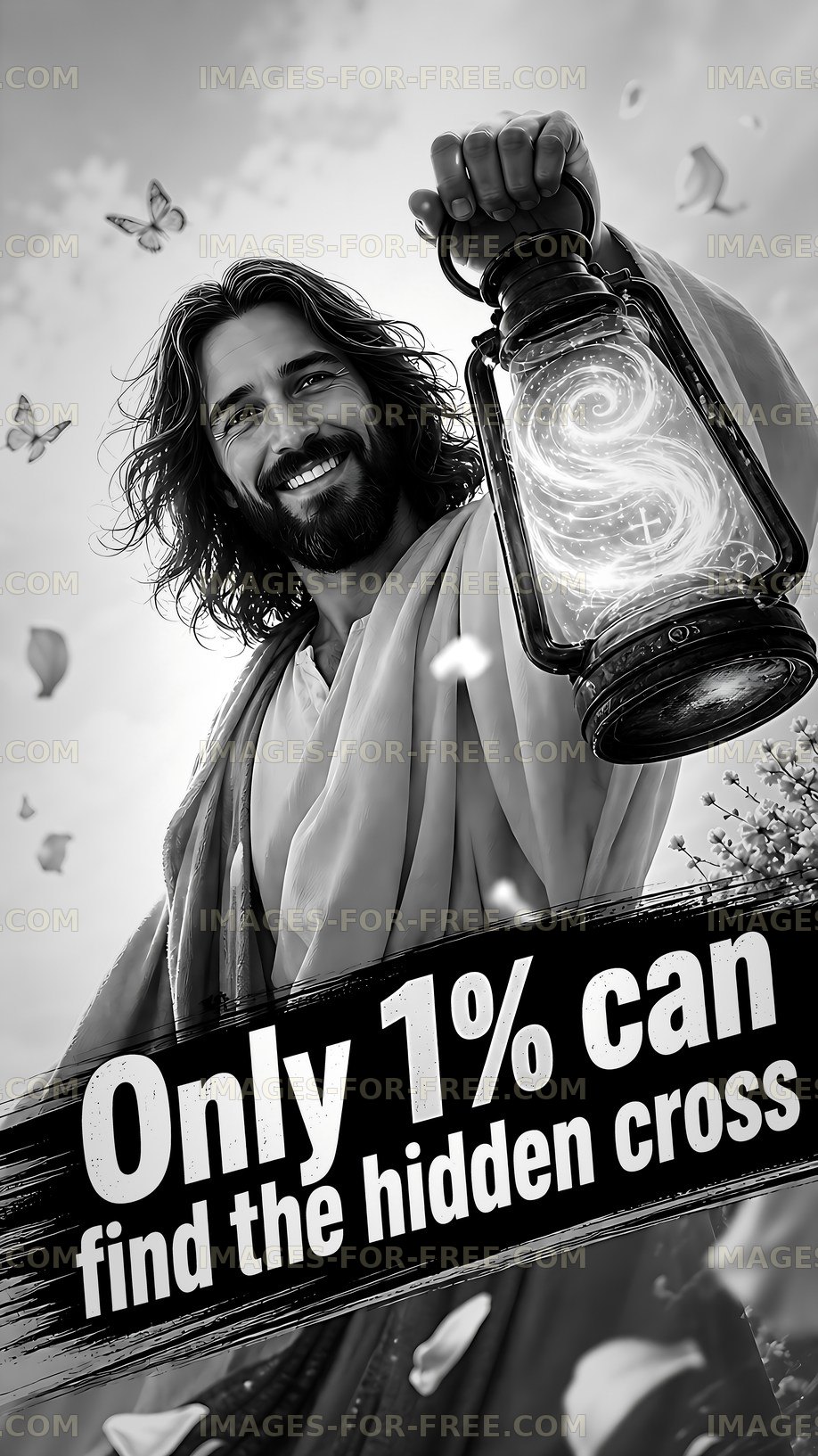 Man holding lantern with hidden cross while surrounded by butterflies