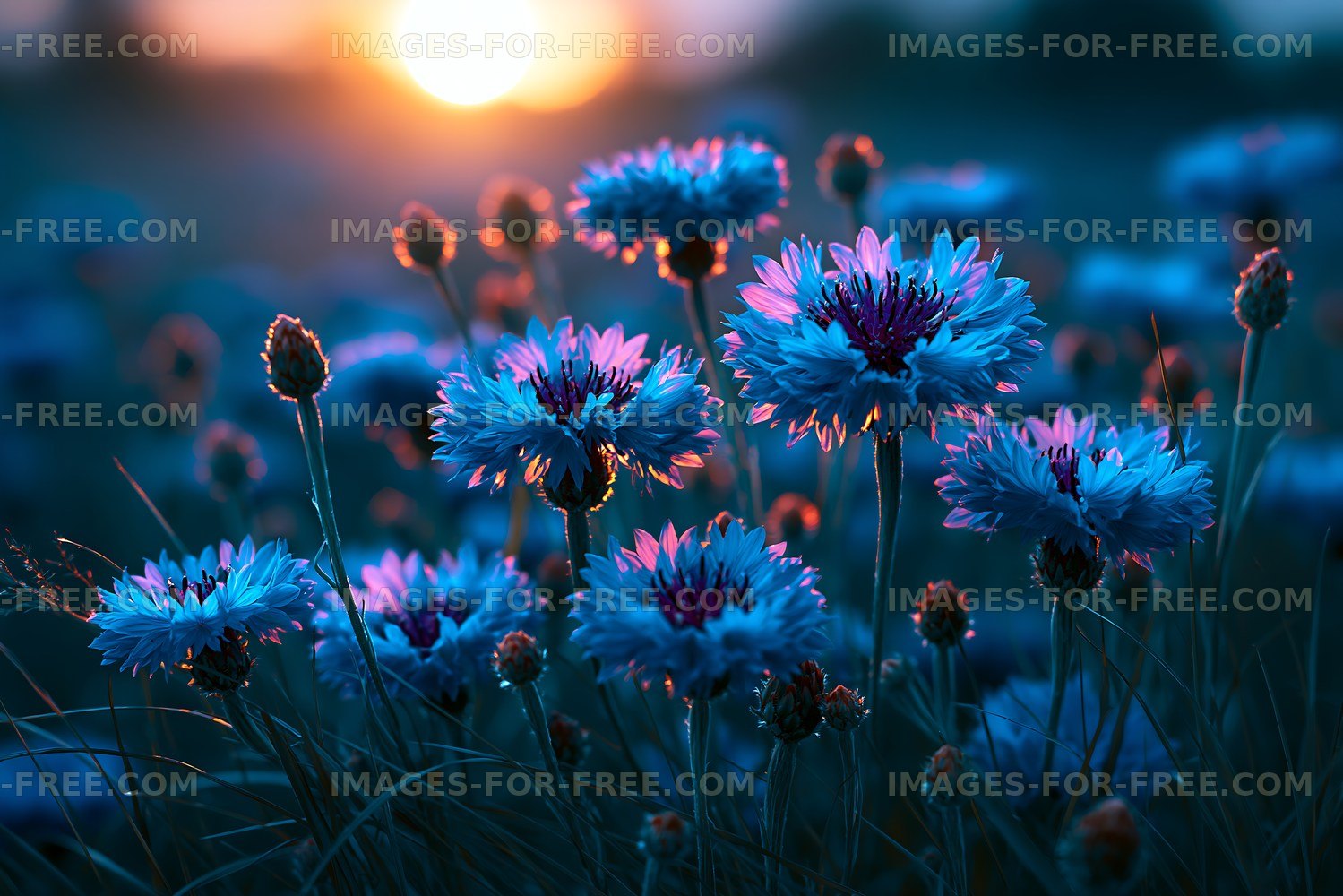Flowers illuminated by sunset in a field