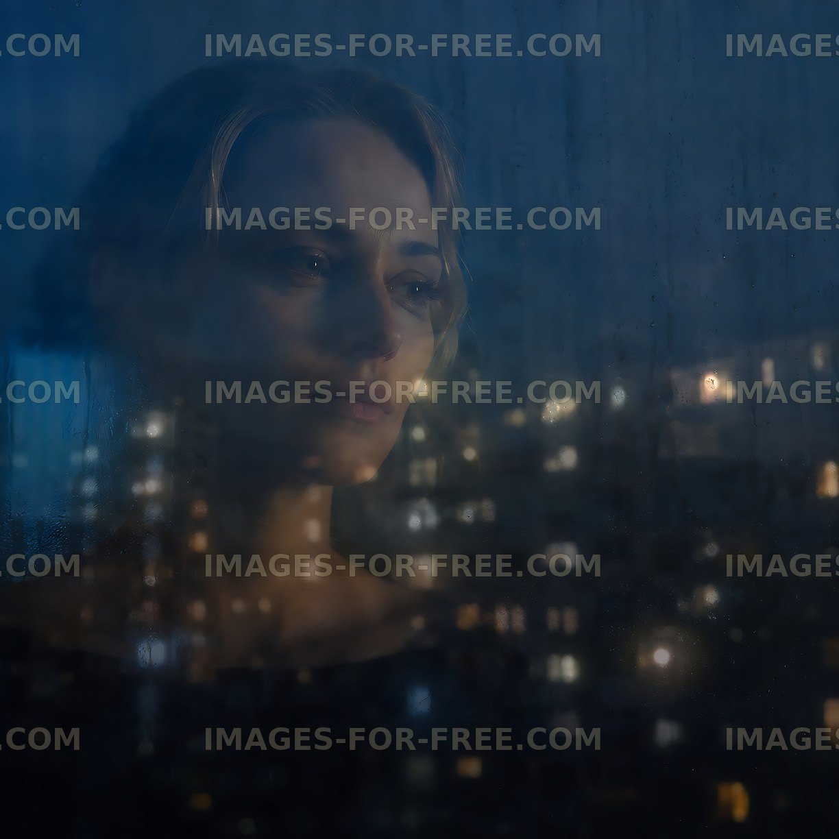 Woman gazing out window with city lights in background