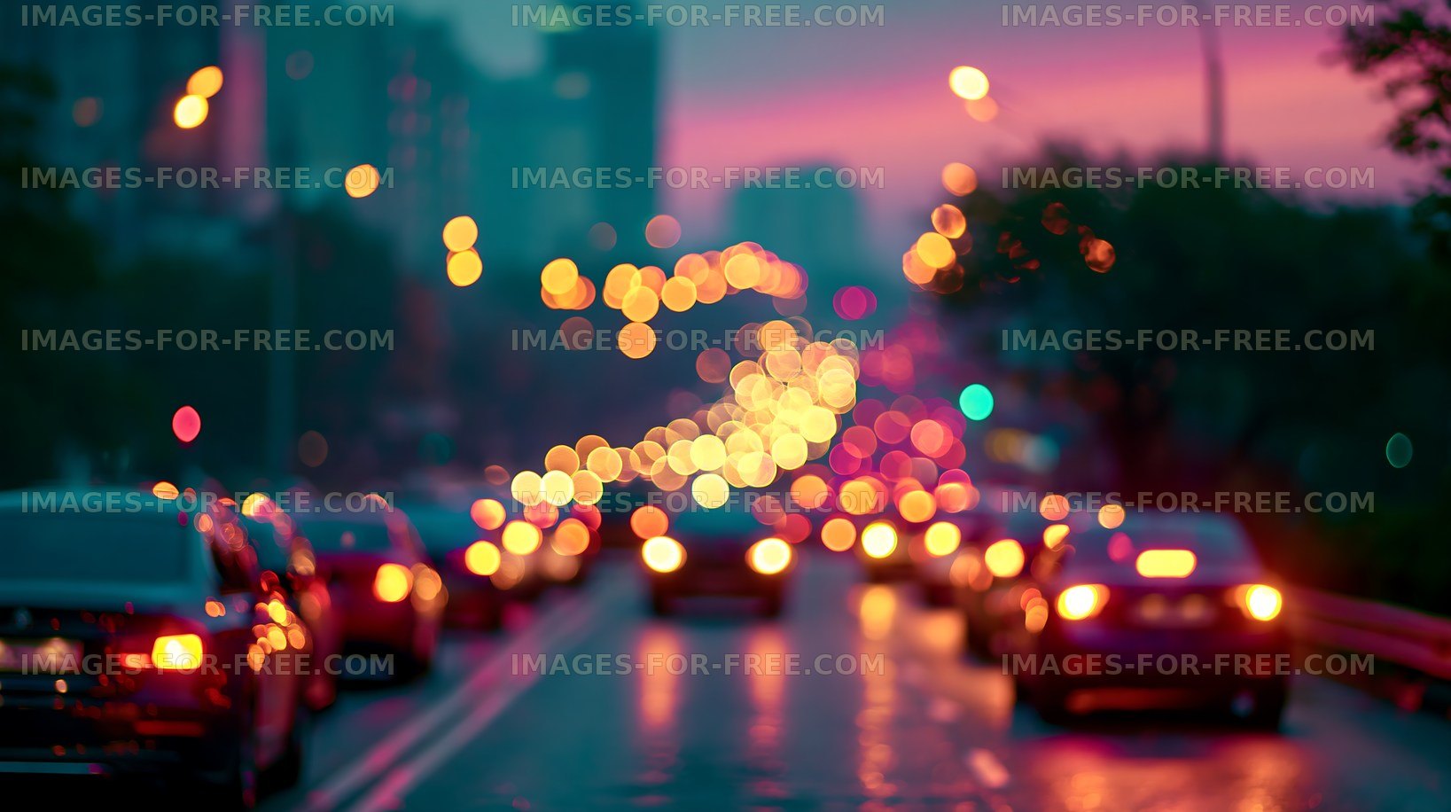 City traffic at dusk with blurred lights and vehicles