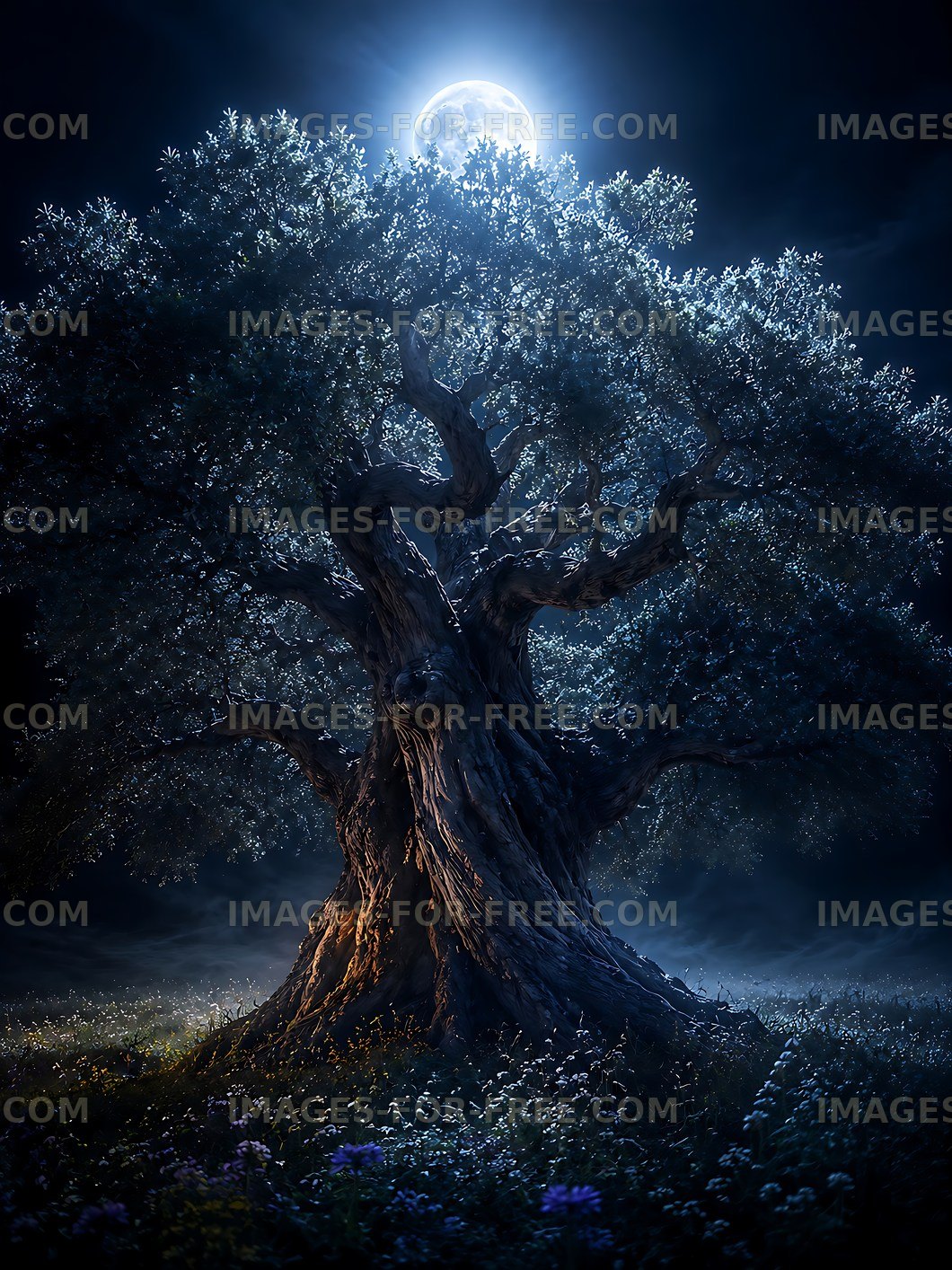 Moonlit tree with glowing leaves at night
