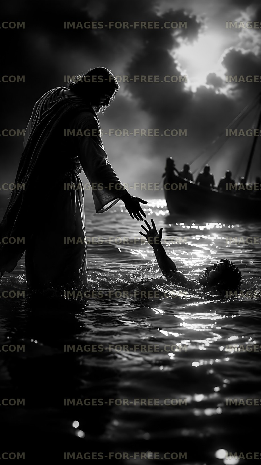 Rescue scene in dark waters with figures and a boat