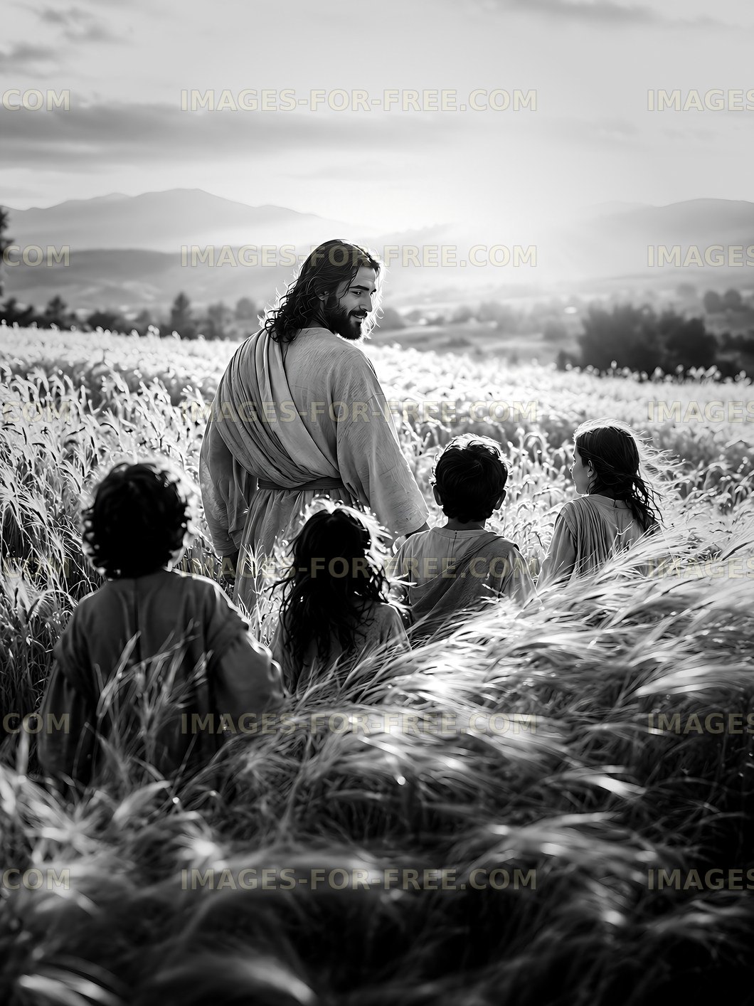 Walking through a field with children at sunset