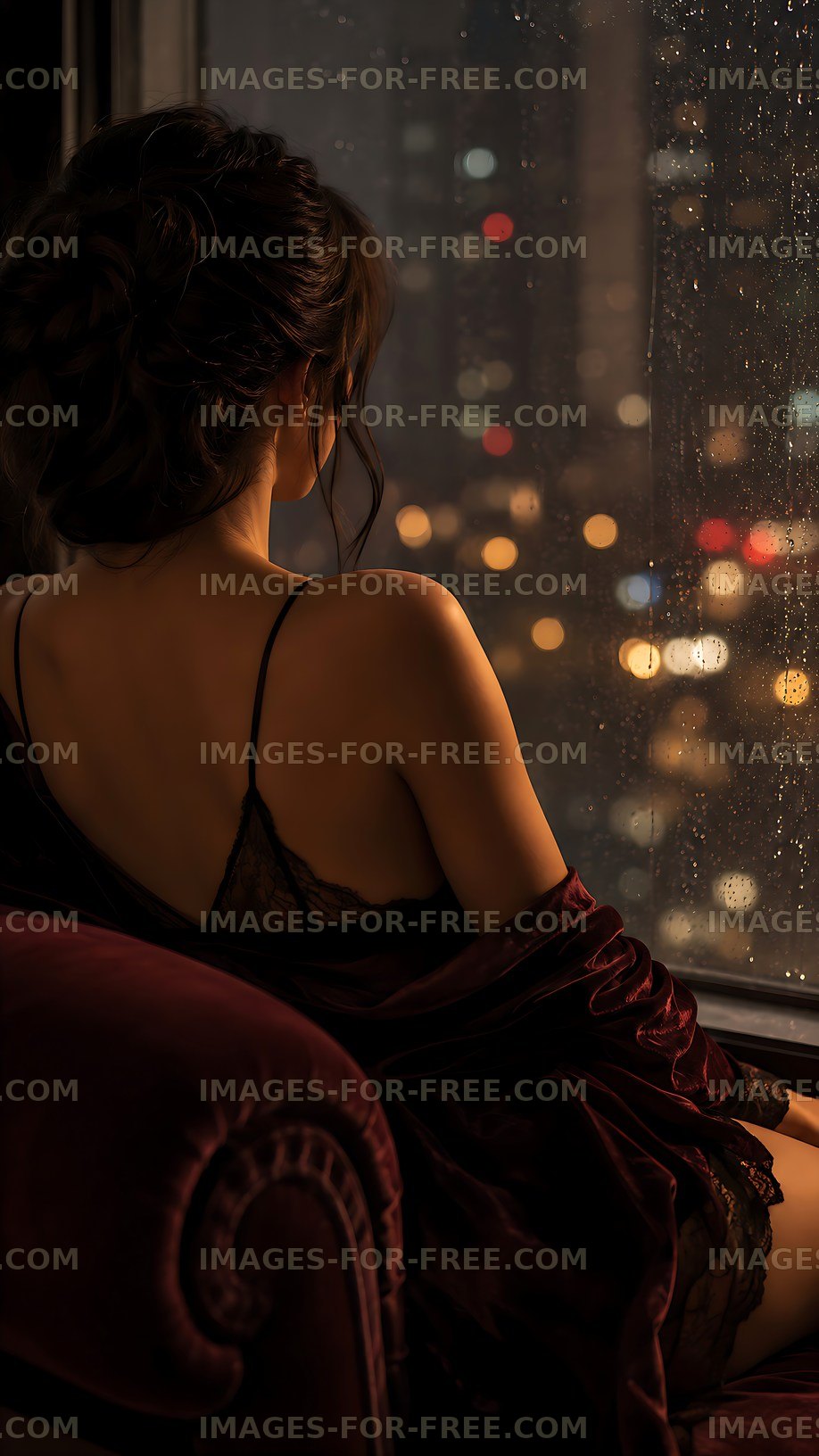 Woman looking out at city lights during a rainy night