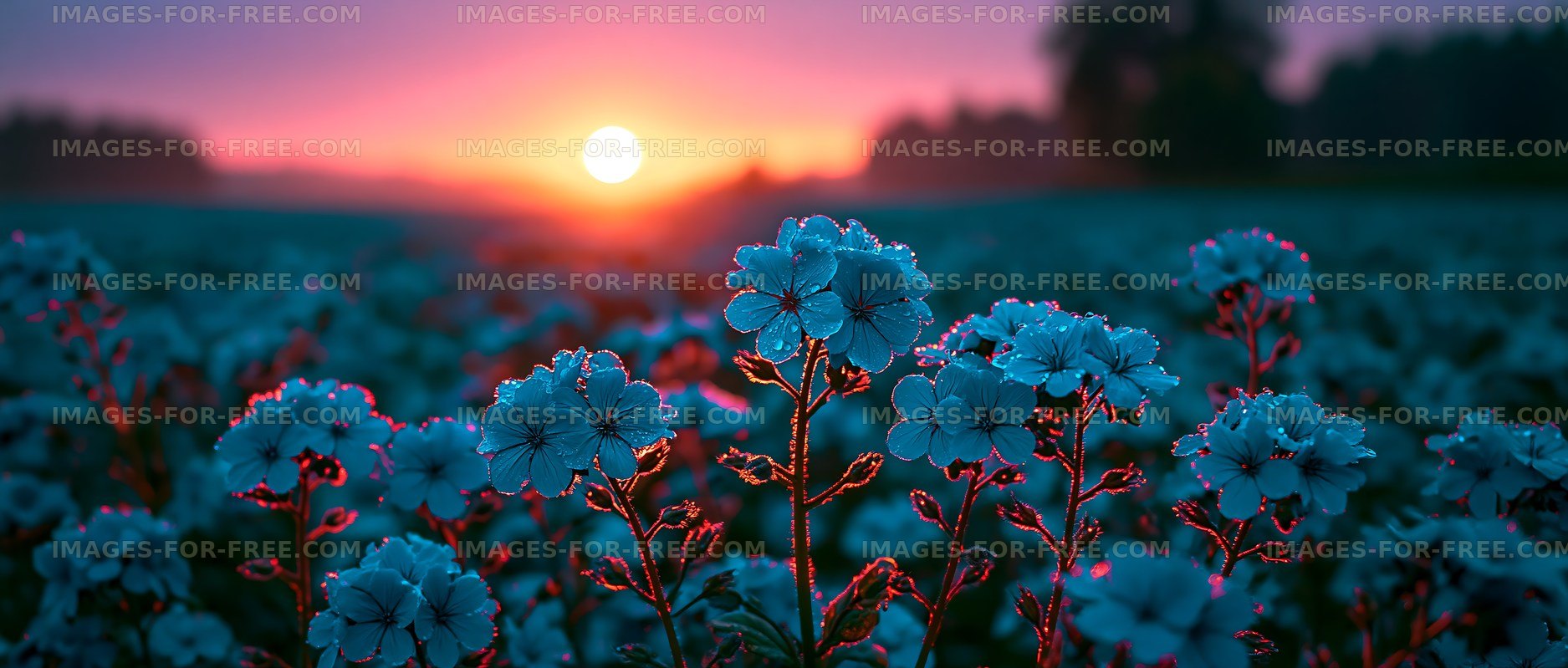 Sunrise over fields with blooming flowers and dew drops